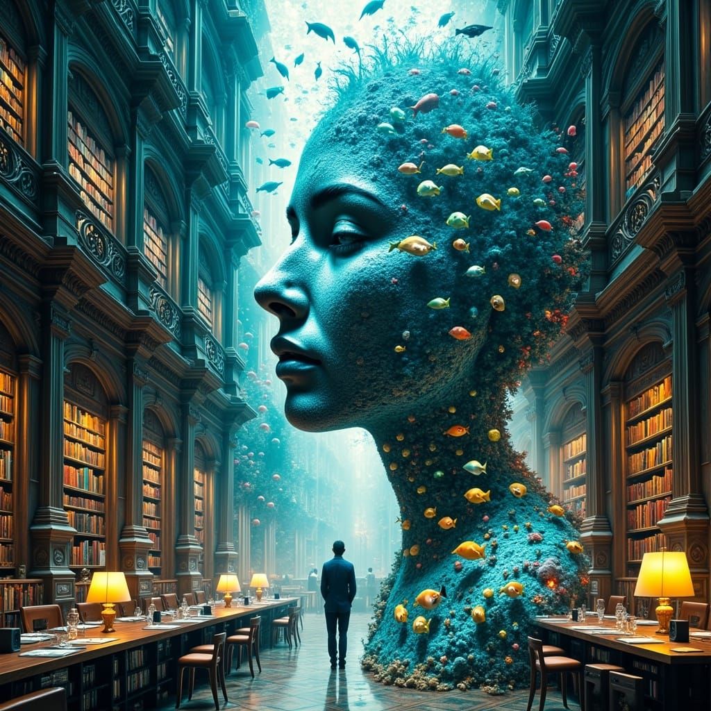 Surreal Library Surrounds Undulating Aquarium in Abstract Re...