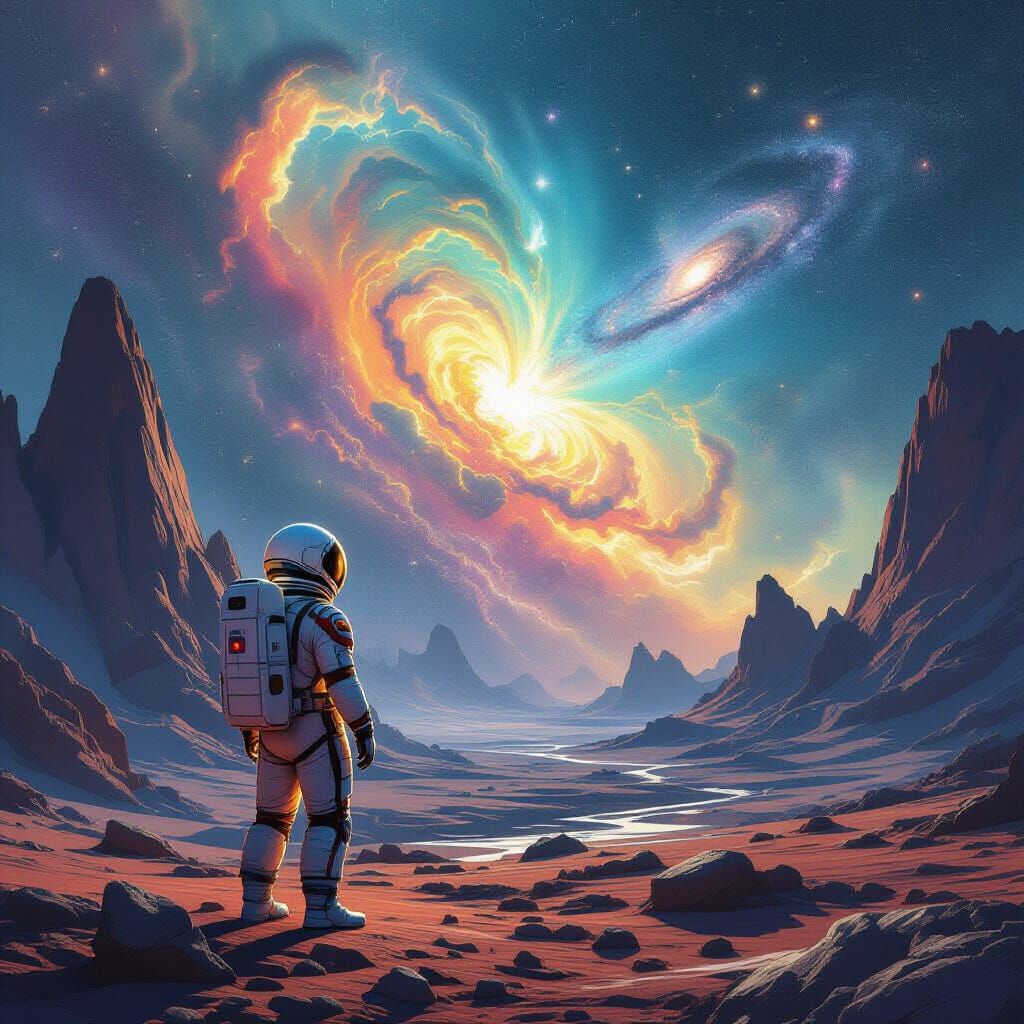 Astronaut Gazes at Cosmic Nebula on Alien Planet