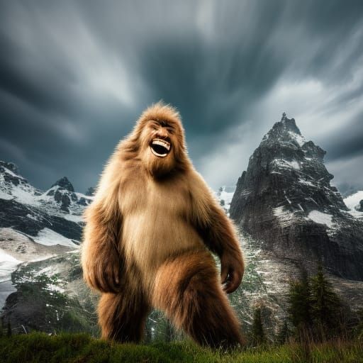 Hyperrealistic Sasquatch Laughing in Dark Night Lighting
