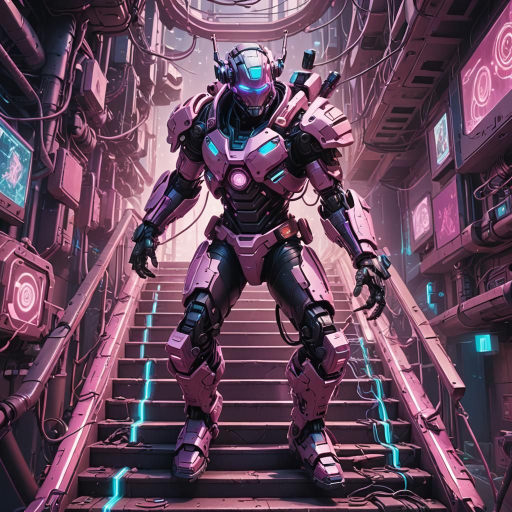 Cyborg Falls Downstairs in Cyberpunk Kaleidoscope