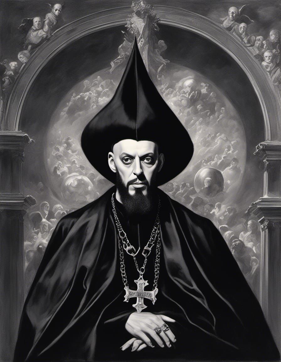 Anton Szandor LaVey, wearing a black satin cloak