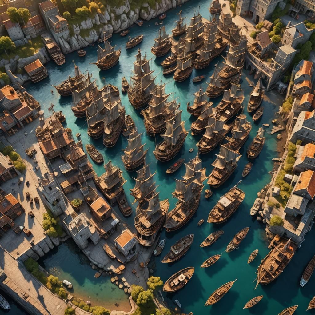 Hyperrealistic Drone View of Fantasy Pirate Harbor at Sunset