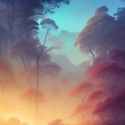 Autumn Forest River Under Stars, Anime Style