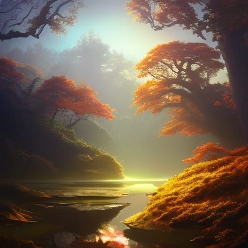 Enchanted Autumn Forest Landscape with Ghibli Anime Style