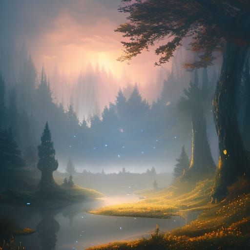 Enchanted Autumn Forest with Elf Manor, Anime Style