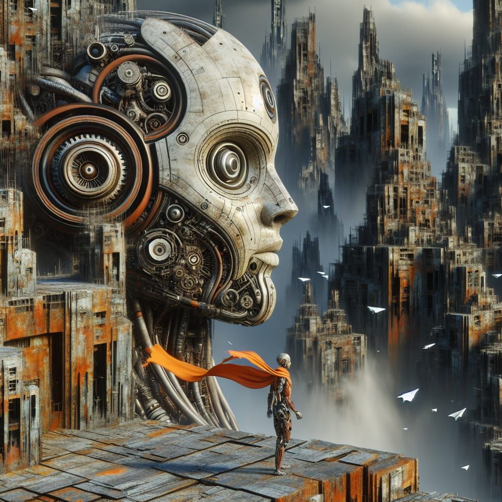 Dystopian Robot Head Amidst Ruins