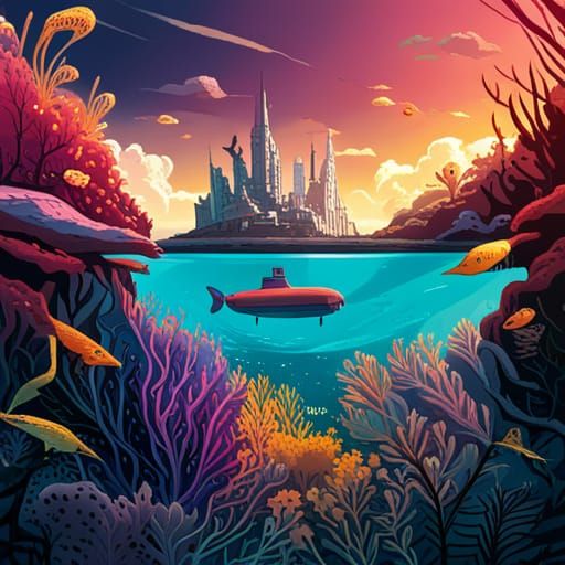 Yellow Submarine in Coral Reef, Comic Book Art