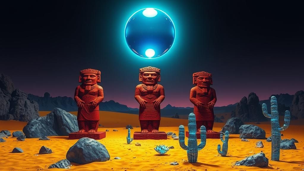 Desert Aztec Sculptures with Iridescent Orbs