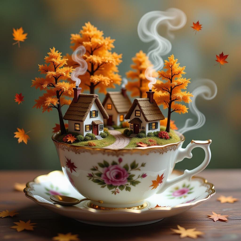 Miniature Autumn Village in Teacup, Beatrix Potter Inspired