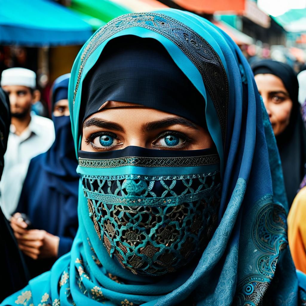 Cyan-Eyed Woman in Bustling Market Street Photography