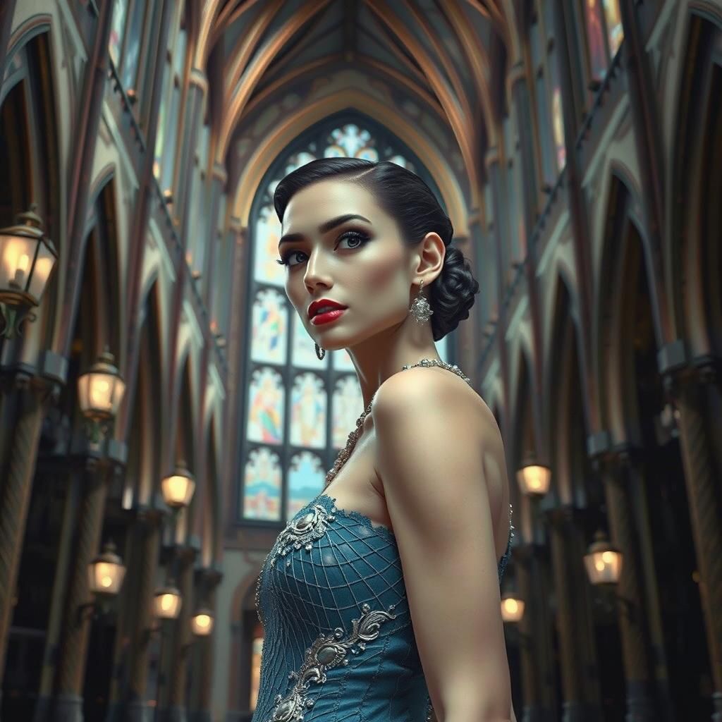 Art Deco Model in Gothic Cathedral, Hyperrealistic Photo