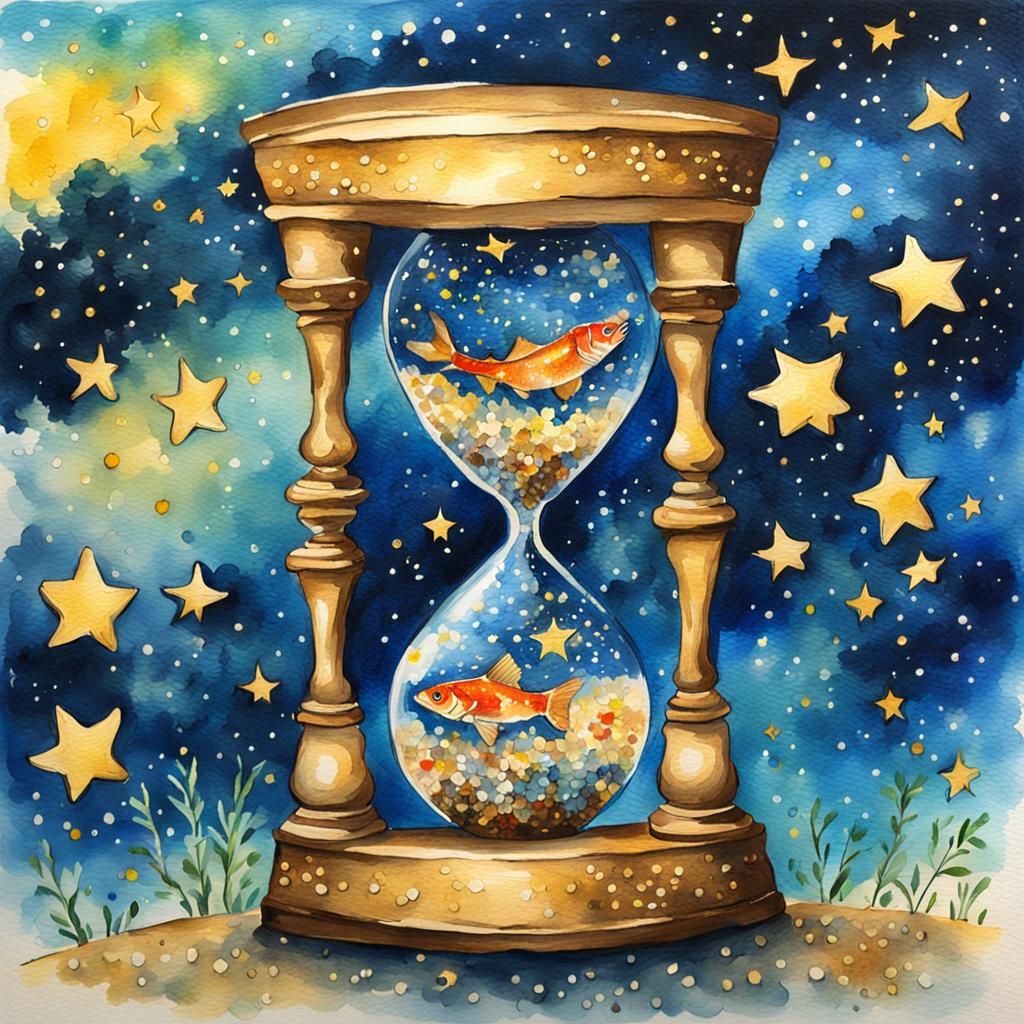Hourglass Filled with Fish in Van Gogh Sky