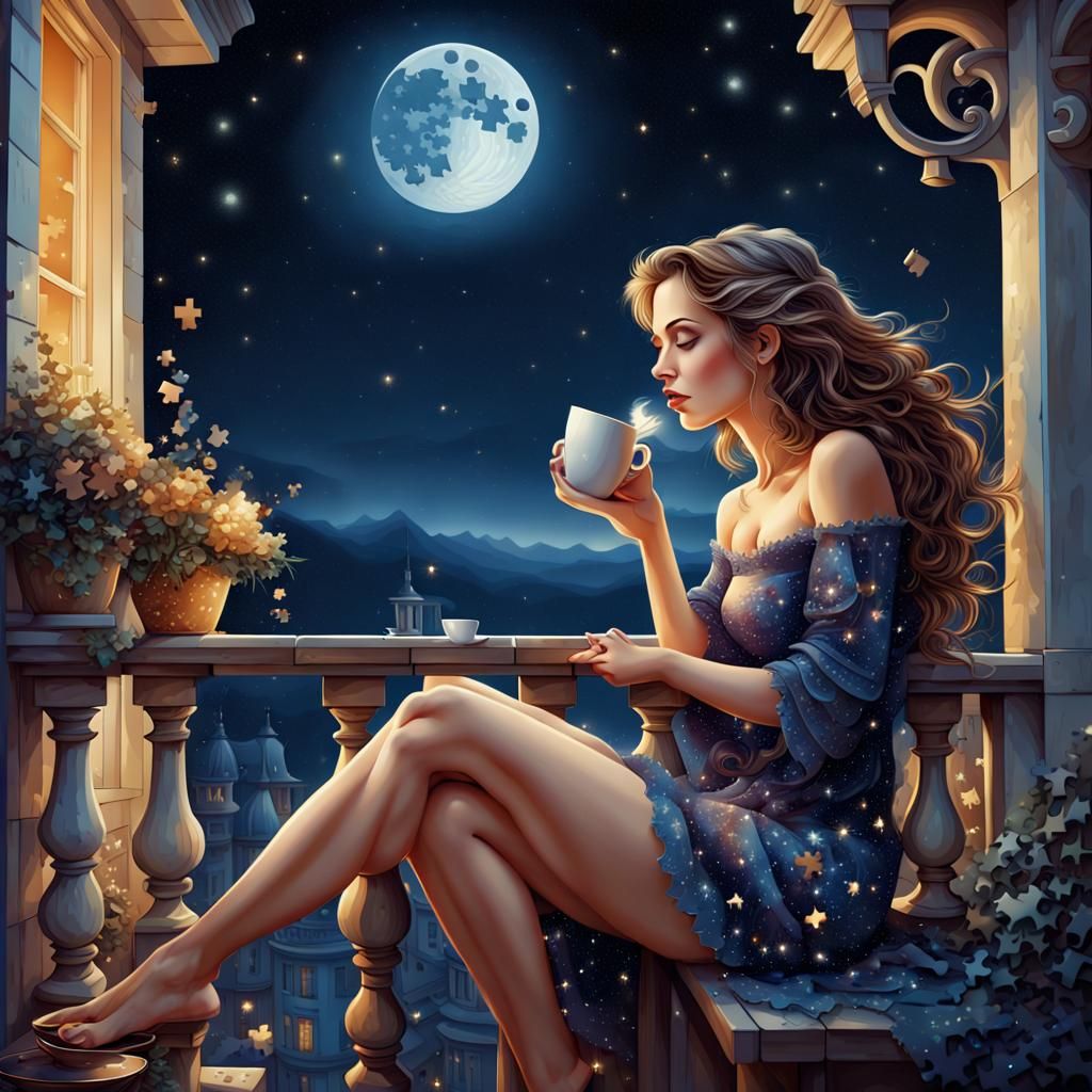 Fairytale Puzzle Art: Woman and Coffee at Night
