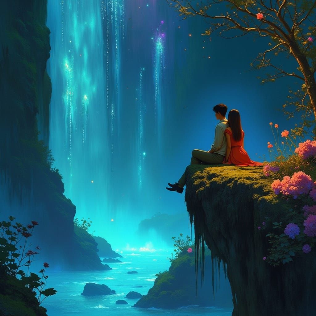 Couple Views Bioluminescent Waterfalls on Mossy Cliff