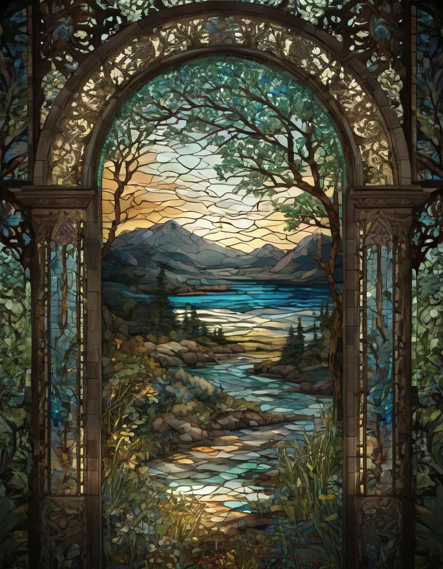 Stained Glass Mosaic Landscape with Filigree