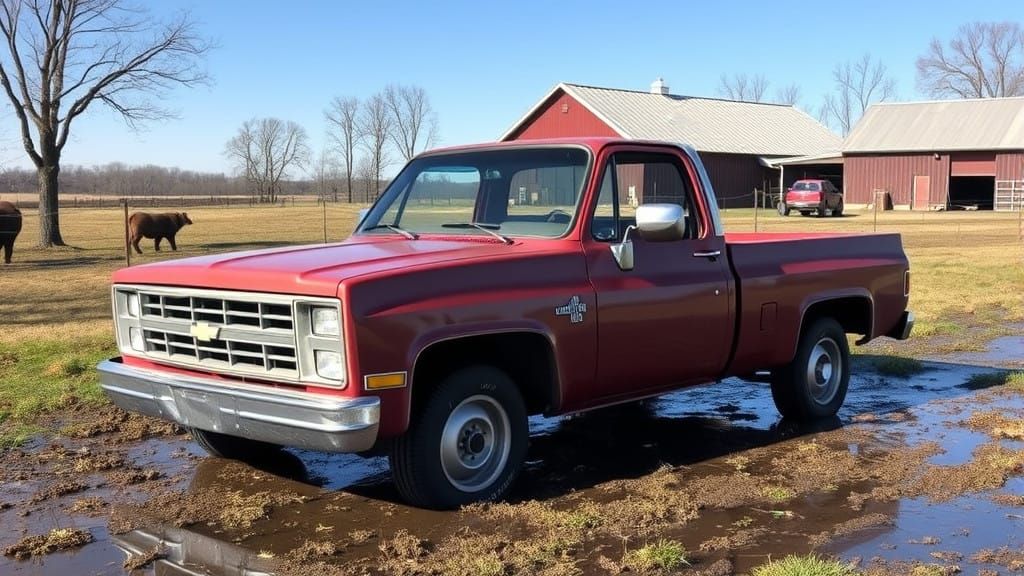 Rustic Farm Scene with Vintage Pickup Truck