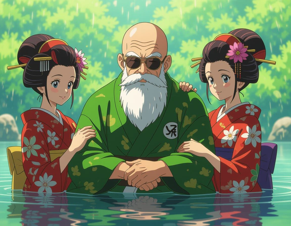 Master Roshi with Geishas in Studio Ghibli Anime Style