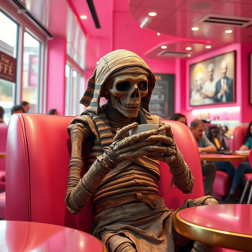 Mummy Sipping Coffee in Trendy Cafe: Surreal Art