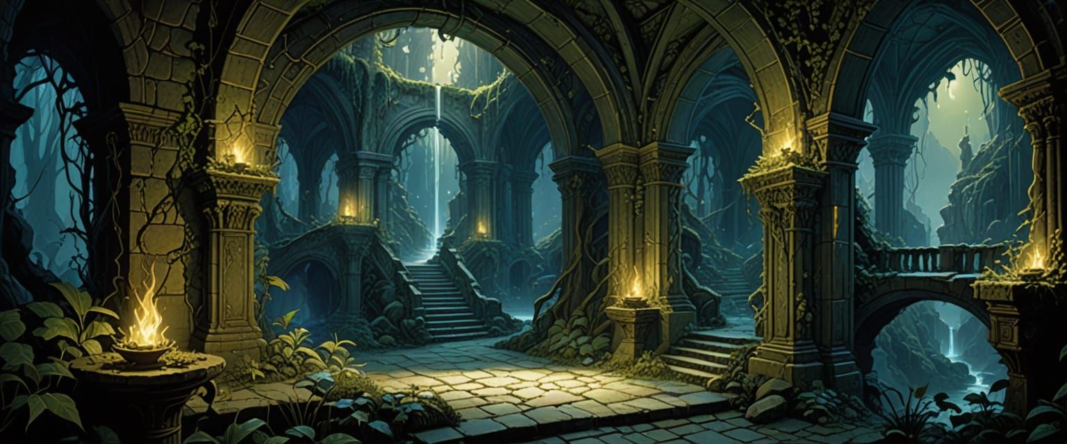 Surreal Fantasy Dungeon Map with Magic and Treasure