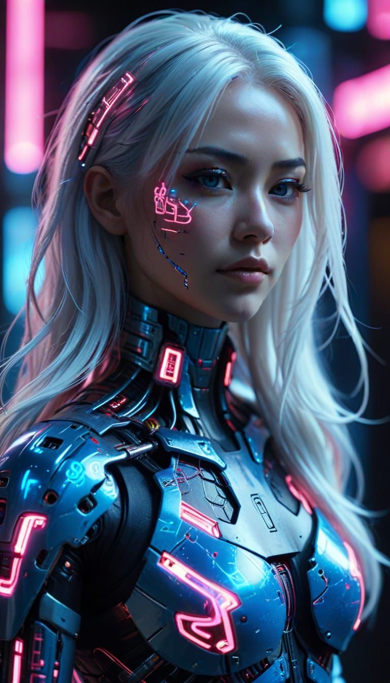 Cyberpunk Cyborg Portrait in Neon Noir Style