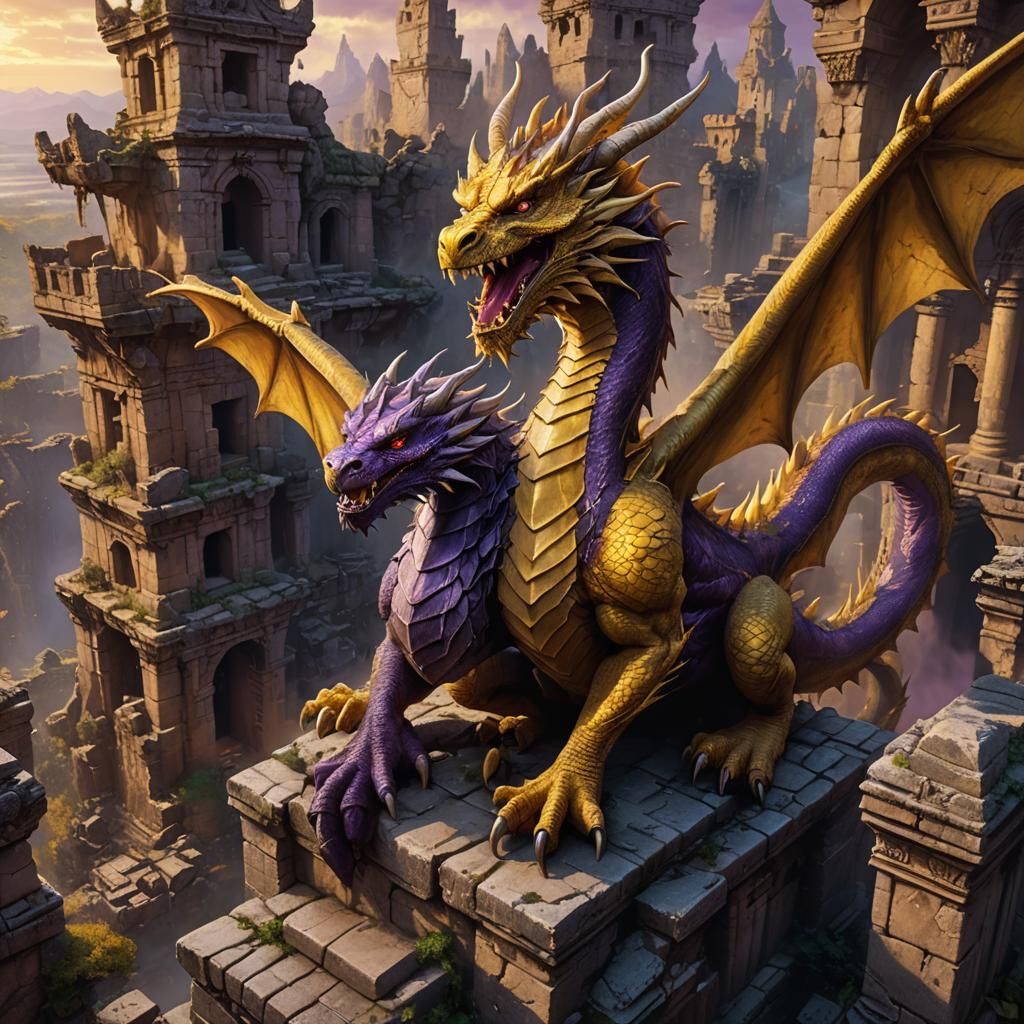 Yellow Dragon Roaring in Ancient Ruins