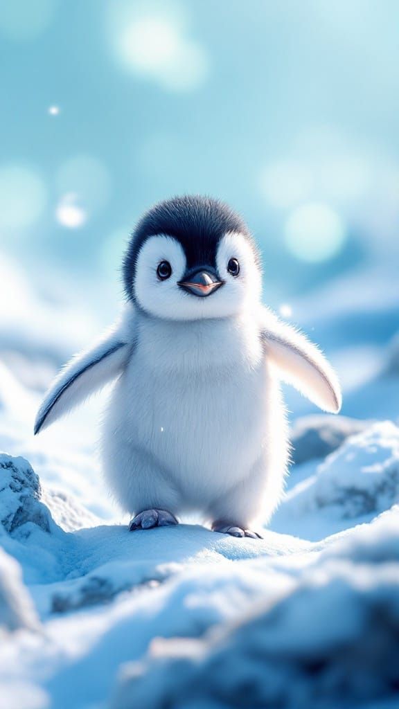 Adorable Baby Penguin Waddling in Frosty Antarctic Landscape