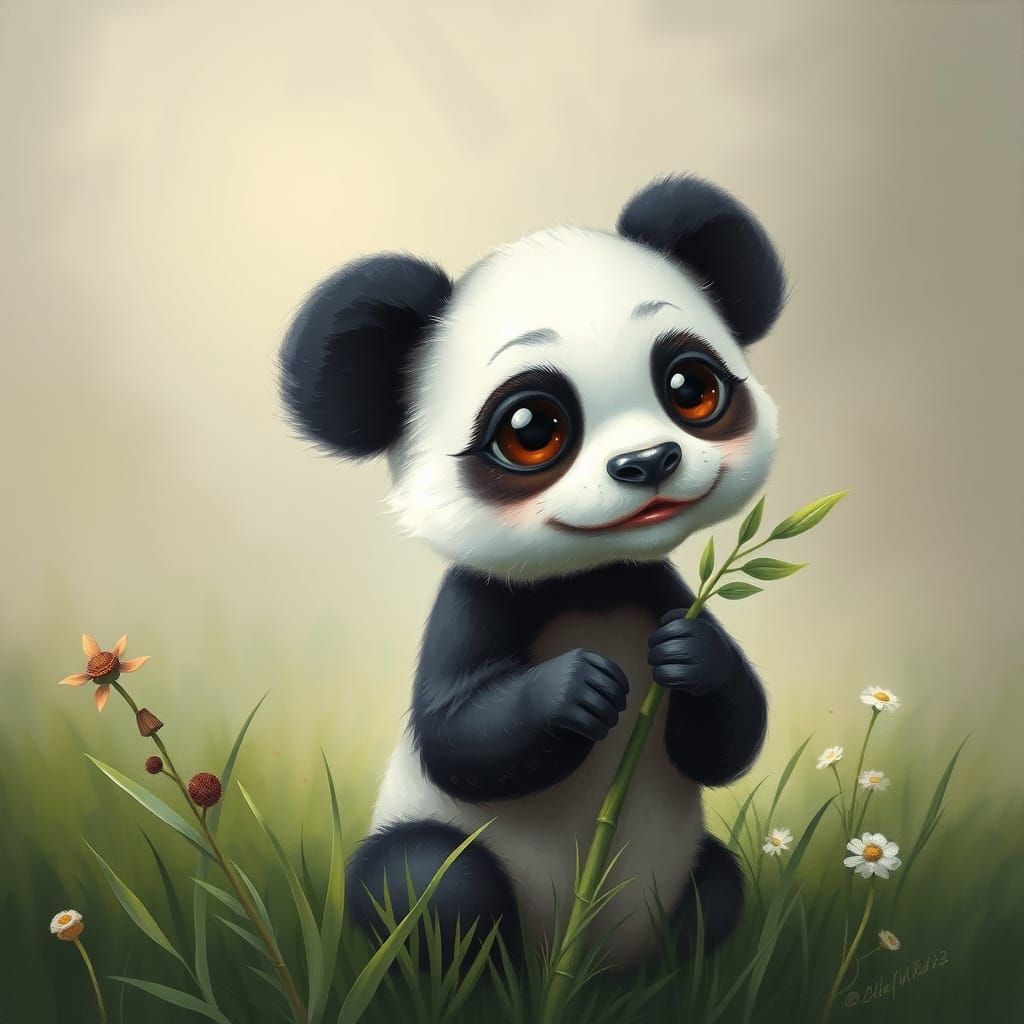 Whimsical Surreal Painting of a Baby Panda