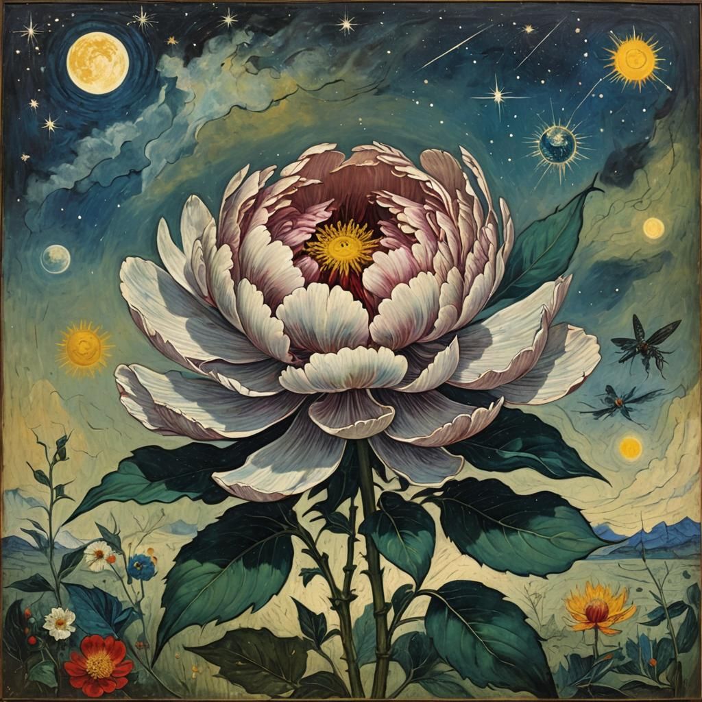 Surreal Peony Surviving Storm in Encaustic Painting Style