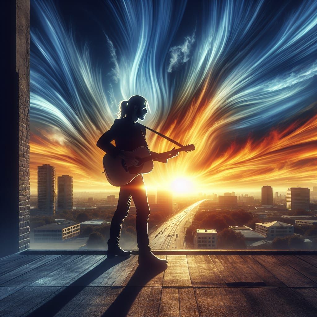 Guitarist Silhouetted Against Fiery Sunset: Digital Painting