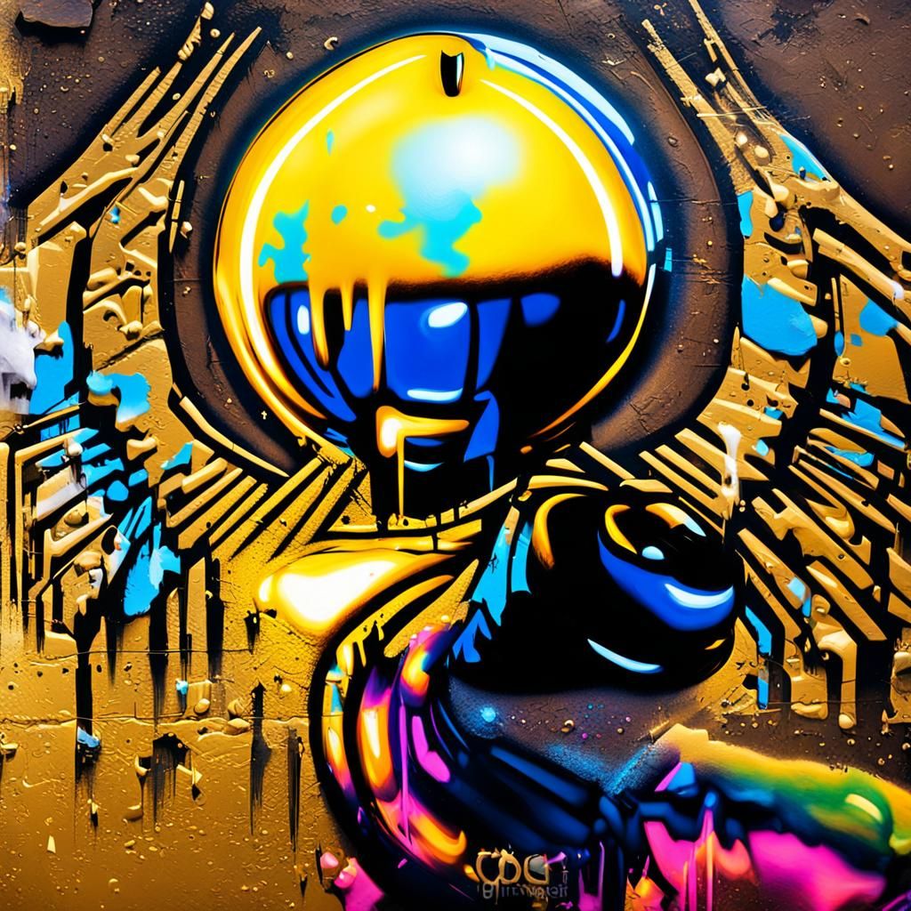Glowing Golden Apple Graffiti Art Close-Up