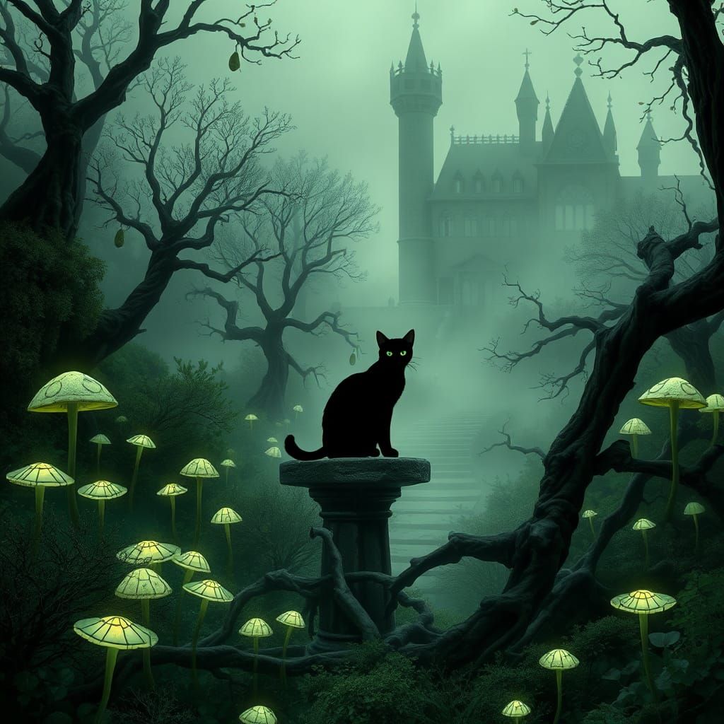 Eerie Victorian Garden with Black Cat, Gothic Art