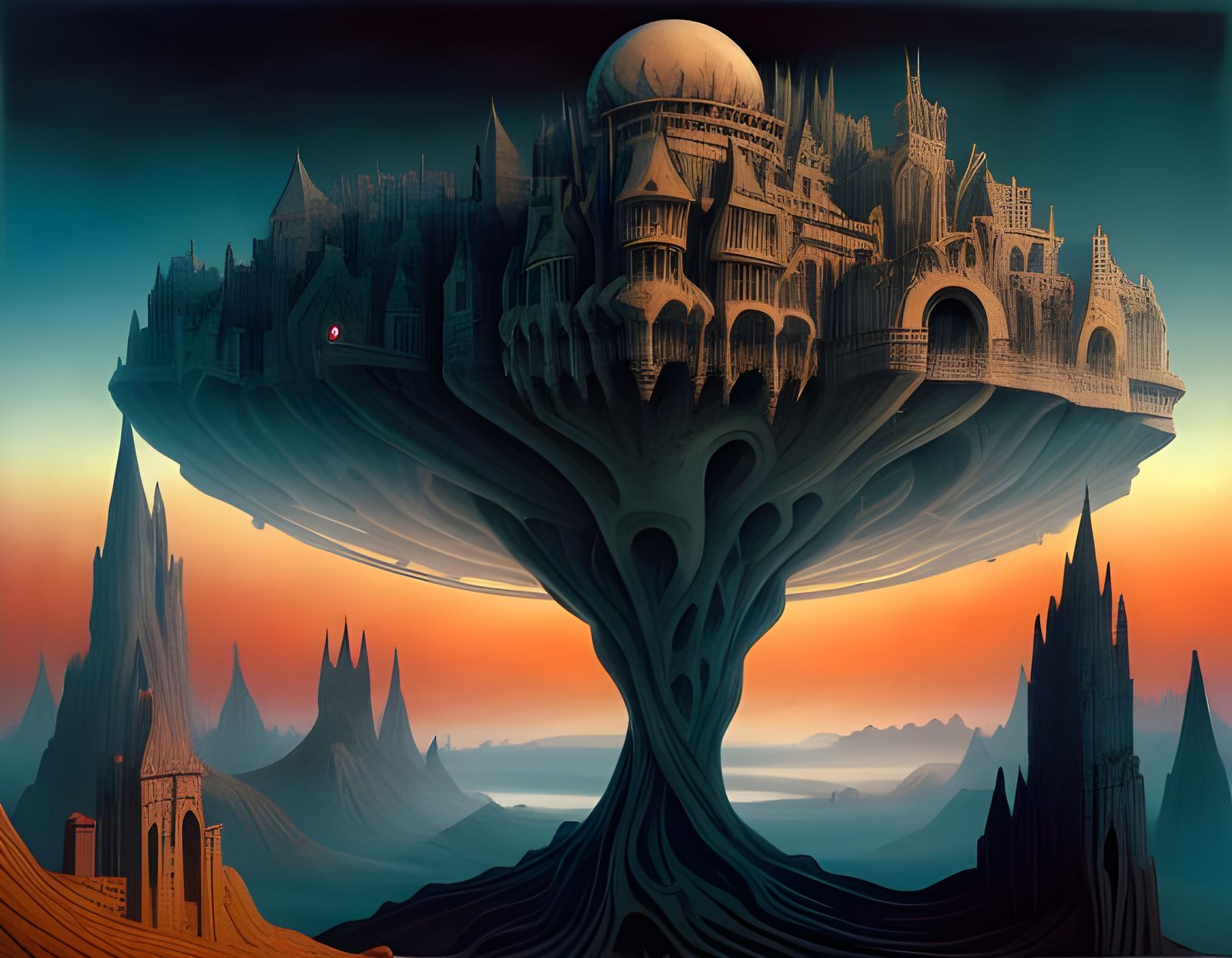 Surreal Castle Painting with Drawbridges in Dreamlike Style