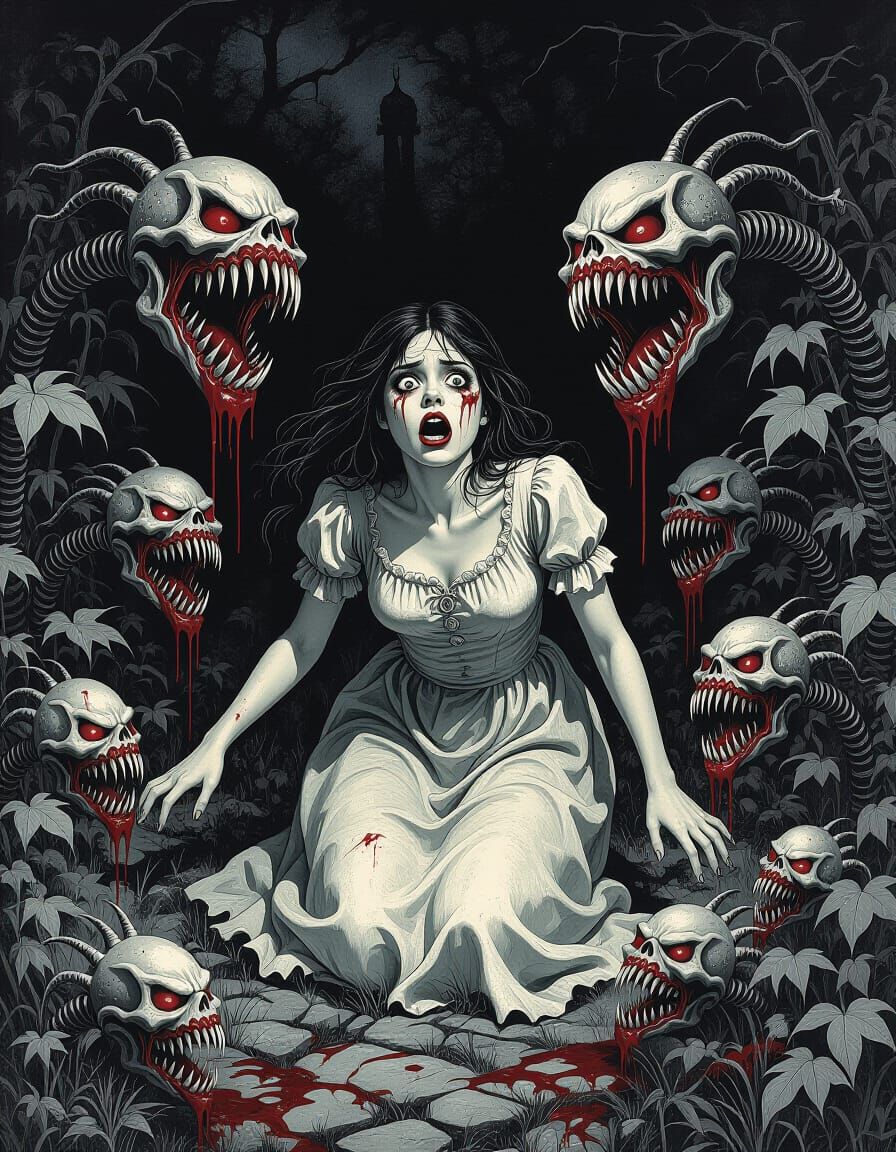 Terrified Woman in Bloody Floral Nightmare