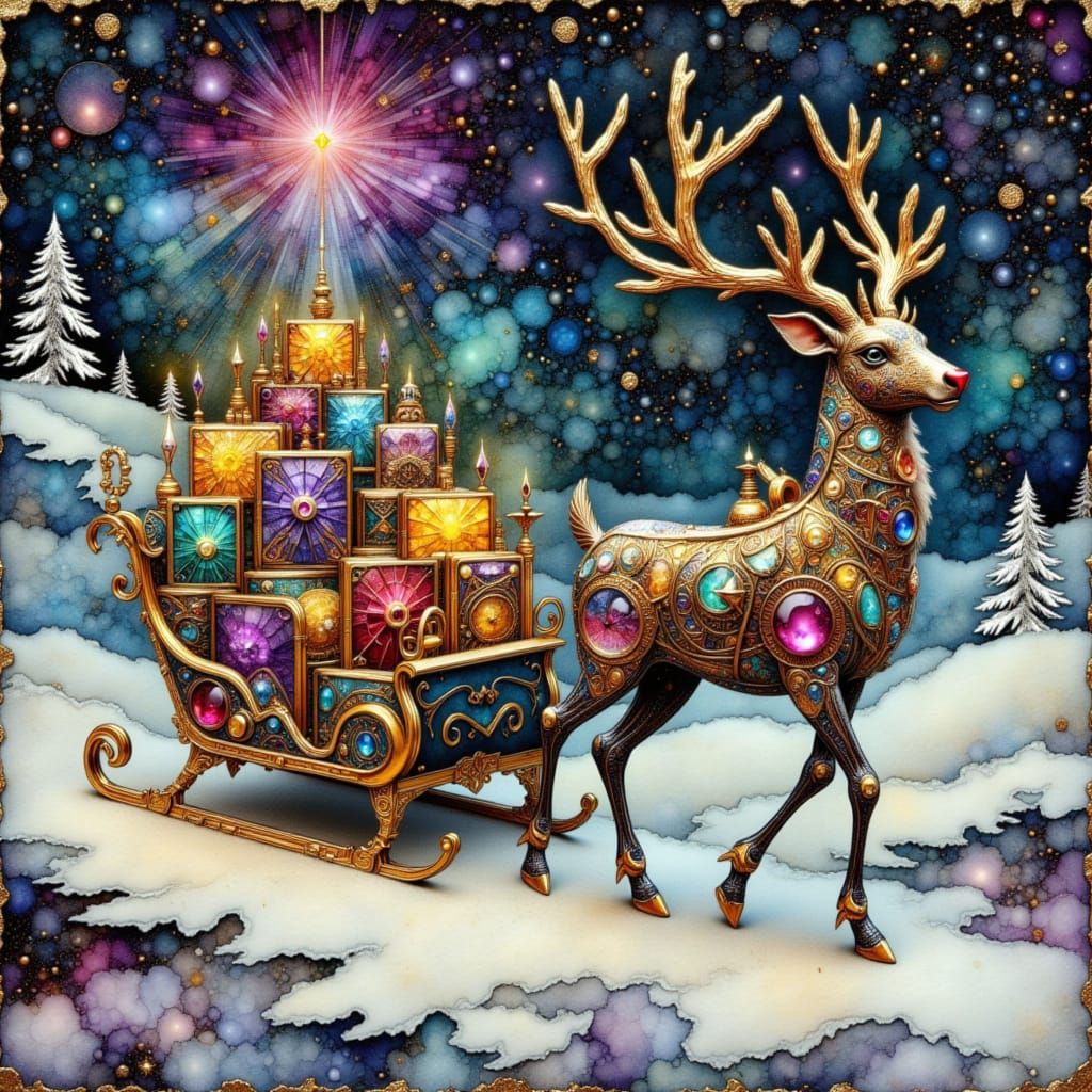 Whimsical Clockwork Reindeer in Neon Winter Landscape