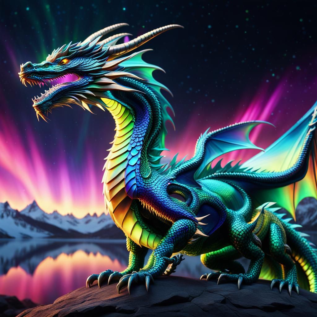 Iridescent Holographic Dragon with Aurora Borealis