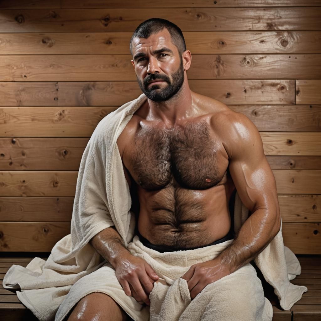 Portrait of a Sweaty, Muscular Man in Sauna