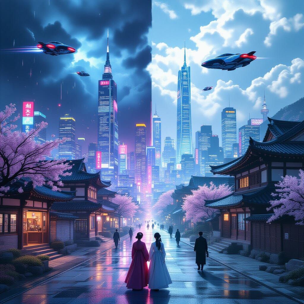 Cyberpunk City Meets Traditional Village in Split-Scene Art