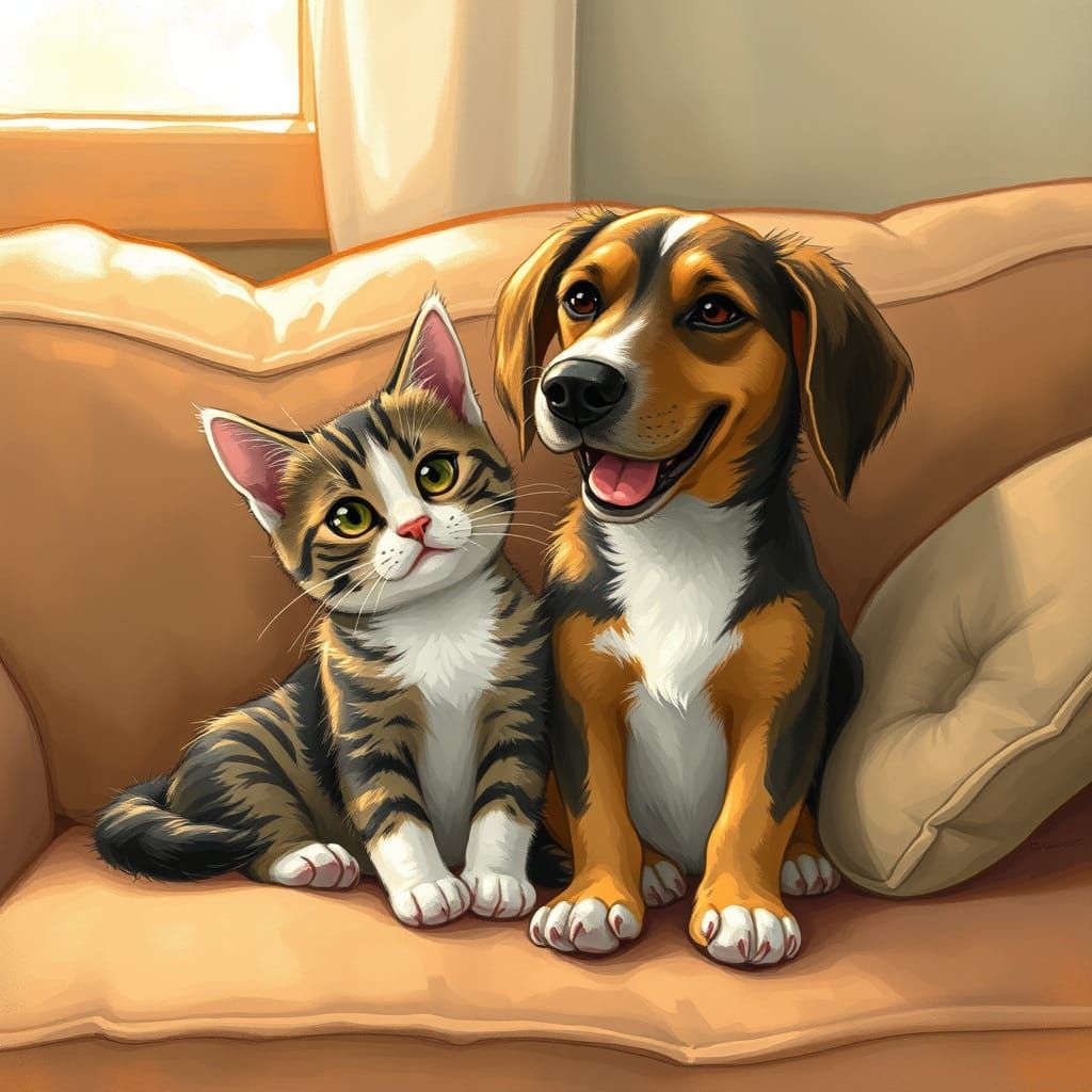 Cat and Dog Friends on Couch, Warm Lighting