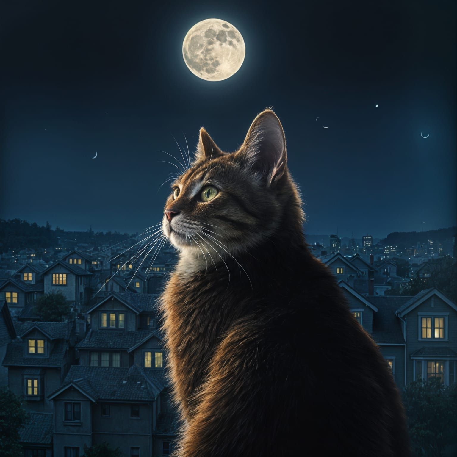 Cat Gazing at Moonlit Cityscape