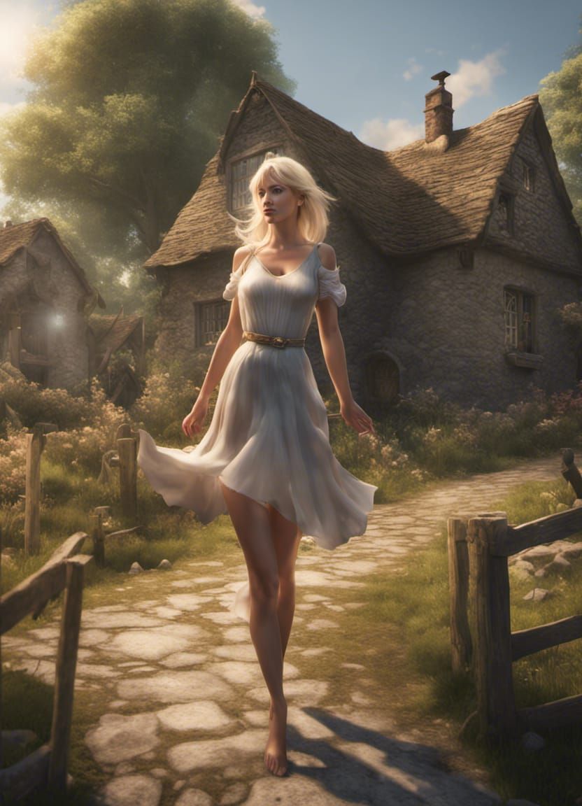 Woman and Elf Dance Before Cottage, 3D Render