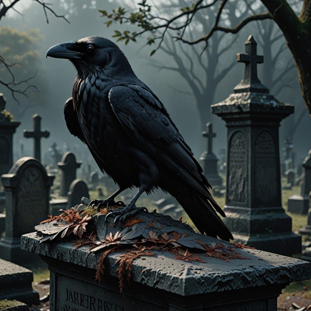Raven in Forgotten Graveyard: Dark Fantasy Art