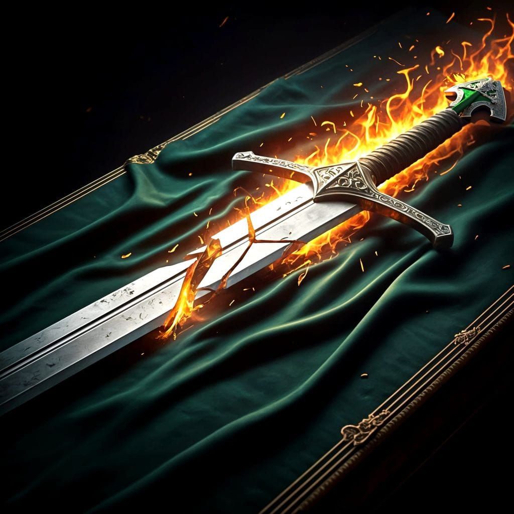 Silver Sword Shattered on Velvet in Fiery Glow