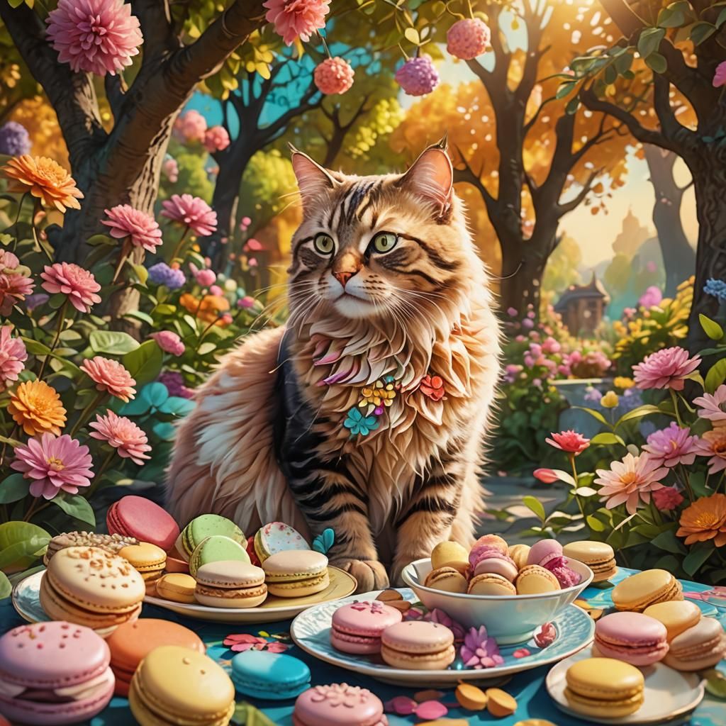 Cat Enjoys Tuna and Macarons in Whimsical Fantasy Art