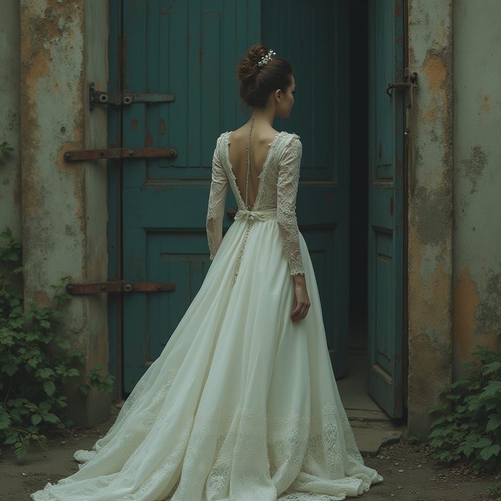 Woman at Ancient Door in Surreal Dreamscape