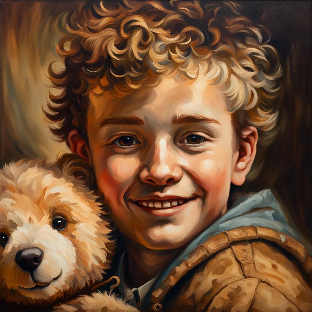 Boy and Teddy Bear in Oil Painting Style