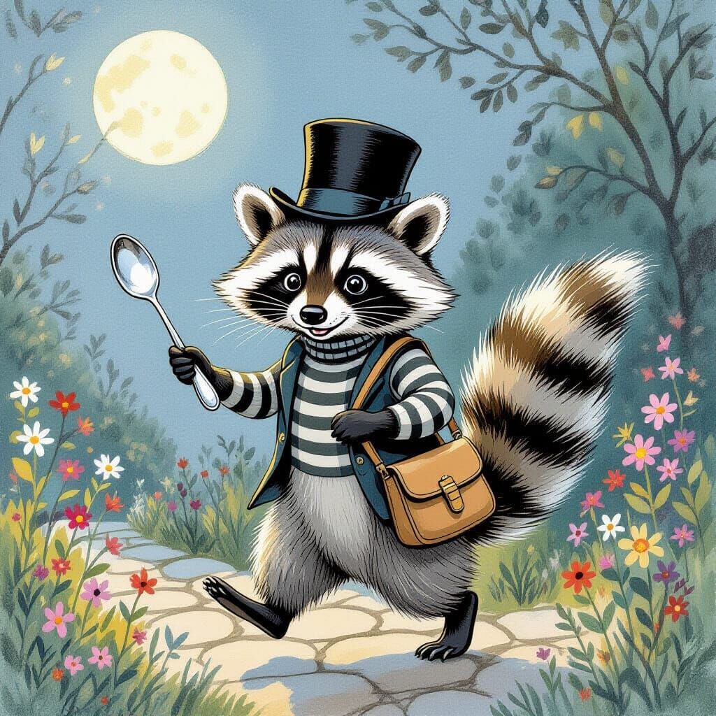 Raccoon Gentleman Thief in Moonlit Garden Illustration
