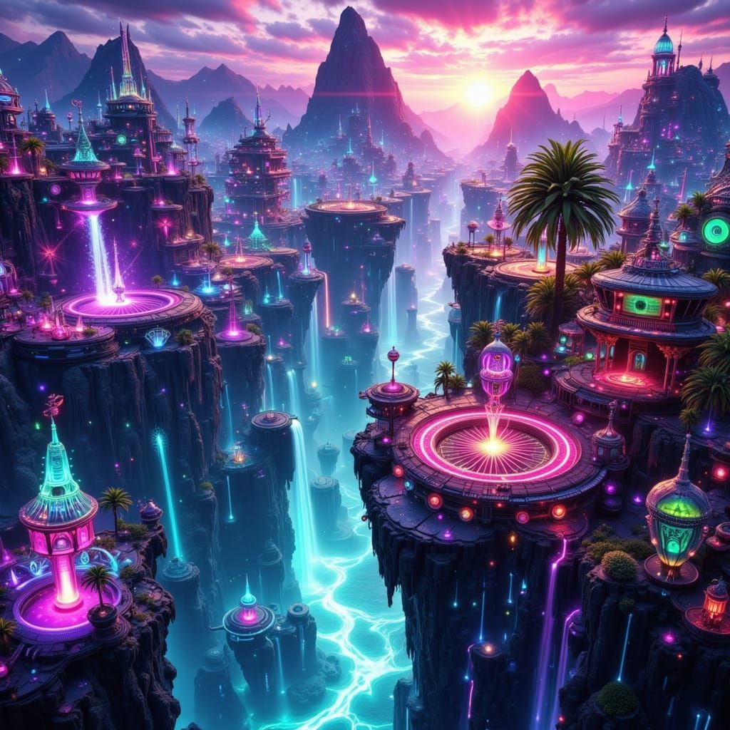 Futuristic Floating City with Steampunk Buildings and Jungle...