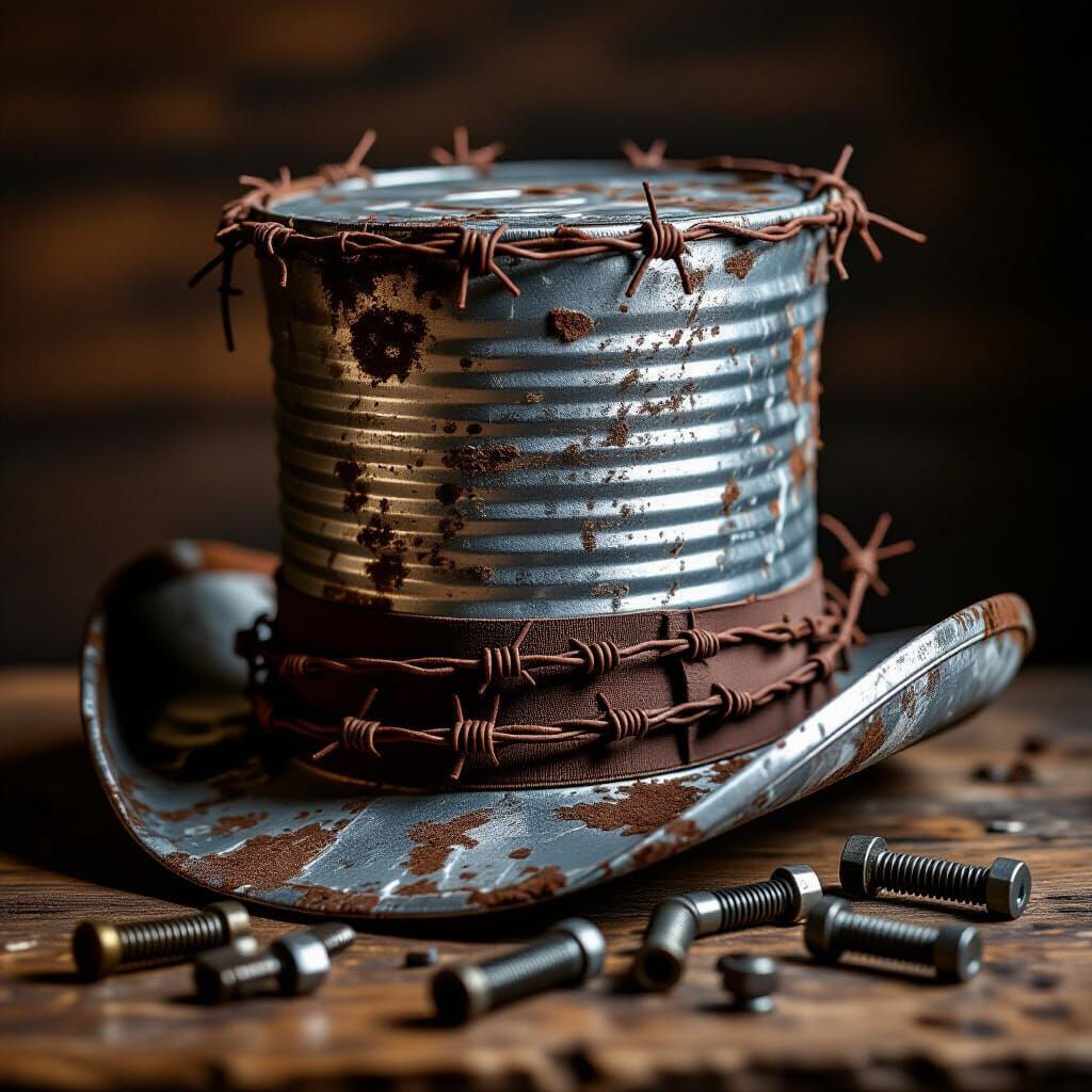 Recycled Aluminum Top Hat with Barbed Wire and Bolts