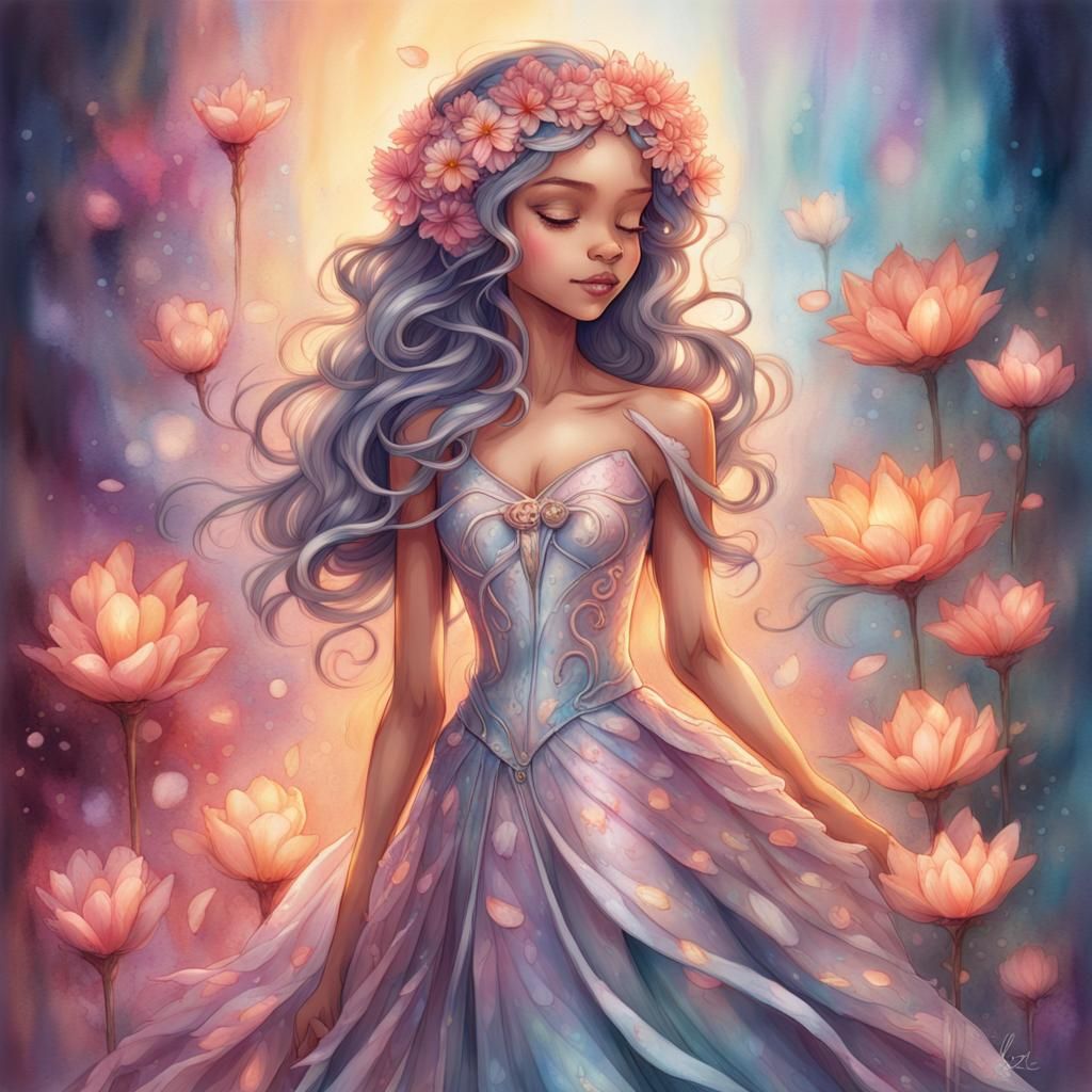 Ethereal Flower Princess in Metallic Watercolor Style