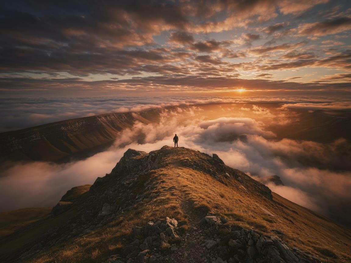 Epic Sunset Landscape with Lone Wanderer